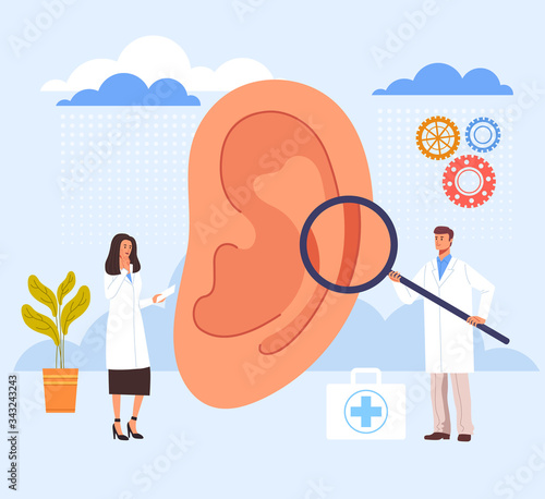 Ear examination ill searching in doctor office. Vector graphic design illustration
