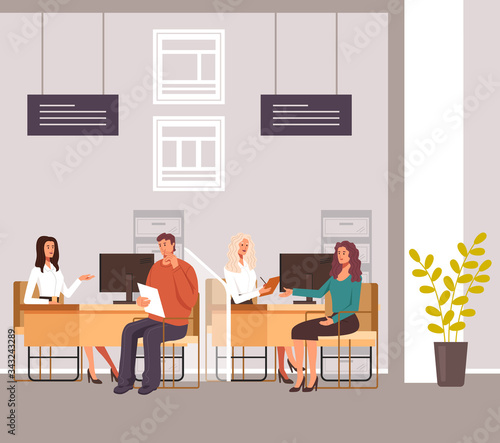 People taking credit loan financial consultation in bank office. Vector graphic design illustration