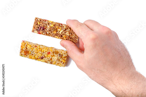 brown or yellow granola bar isolated on white background