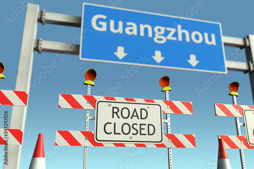 Traffic barricades near Guangzhou city traffic sign. Lockdown in China conceptual 3D rendering © Alexey Novikov