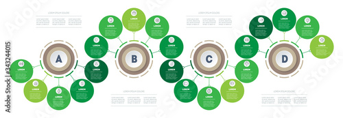 Infographic in the form of wave consisting of 4 segments and 20 parts. Business presentation with options. Brochure design template. Diagram of green technology or education process. Vector.