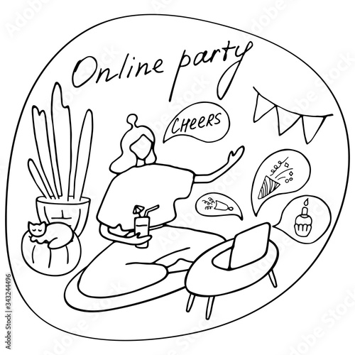 Online party, birthday, virtual meeting friends. Girl sitting in front of laptop with cocktail. Video chat. Vector hand drawn illustration