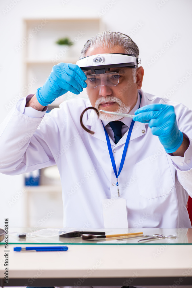 Old male expert criminologist working in the lab for evidence Old male expert criminologist working in the lab for evidence