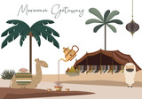Moroccan Getaway Vector Set - Arabian Man, Seated Camel, Palm Trees, Teapot and Teacups, Tent, Spices, and More