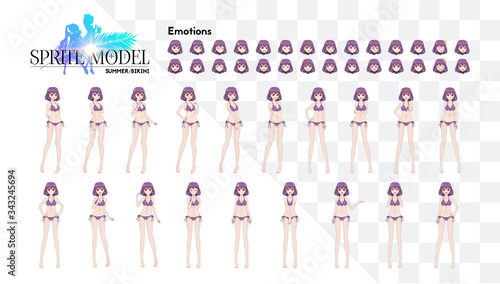 Sprite full length character for game visual novel. Anime manga girl, Cartoon character in Japanese style. In a summer bikini swimsuit. Set of emotions