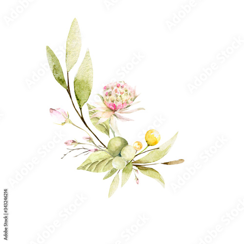 Watercolor composition with hand painted spring wild flowers, green leaves and branches in pastel colors. Romantic floral background perfect for fabric textile, vintage paper or scrapbooking