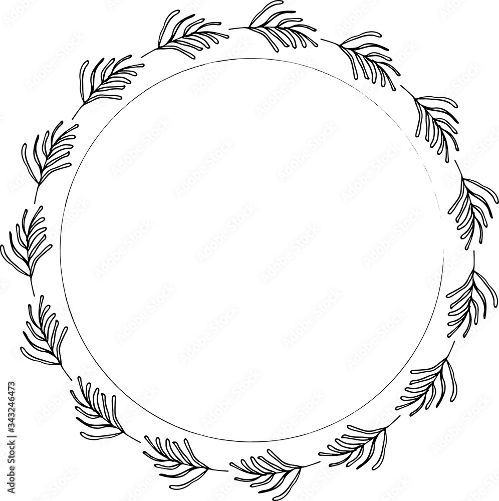Hand drawn round frame and wreath isolated on white background. Hand sketched design element. Unique and ready to use for decoration.