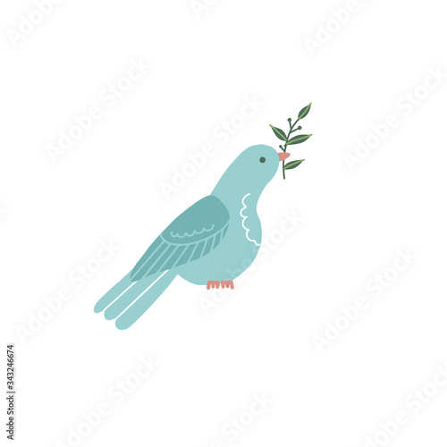 Silhouette of a sitting dove with olive branch. Blue pigeon doodle design. Vector flat hand drawn illustration