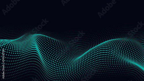 Wave of particles on dark background. Technology backdrop. Pattern for presentations. Vector illustration