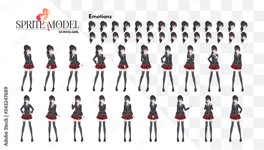 Set of emotions. Sprite full length character for game visual novel. Anime  manga girl, Cartoon character
