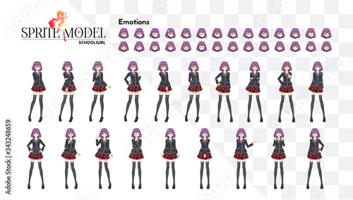 Set of emotions. Sprite full length character for game visual novel. Anime manga girl, Cartoon character in Japanese style. In a white shirt, a red skirt in a cage, a tie and black stockings-tights