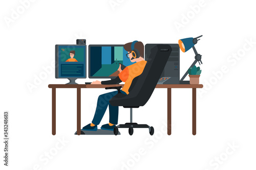 Cyber sport pro gamer live streaming game match sitting at professional studio with pc desk setup, gaming chair, mic, spotlights webcam. Cyber sport streamer.