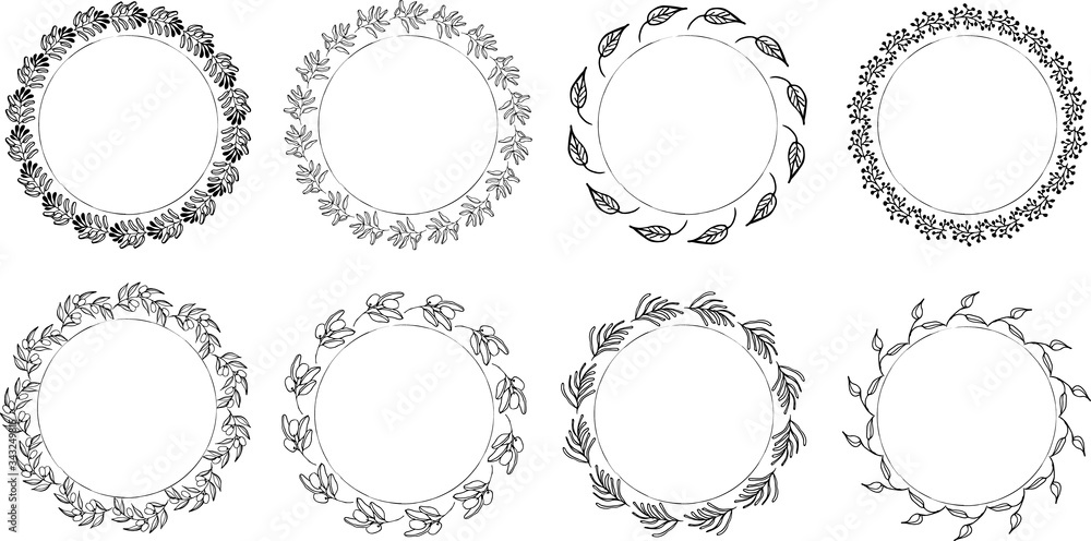 Hand drawn round frames and wreaths isolated on white background. Hand sketched design elements. Unique and ready to use. Hand drawn round frames and wreaths isolated on white background. Hand sketched design elements. Unique and ready to use.