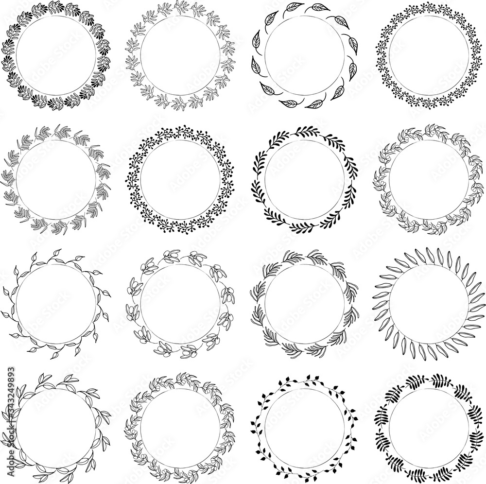 Hand drawn round frames and wreaths isolated on white background. Hand sketched design elements. Unique and ready to use.