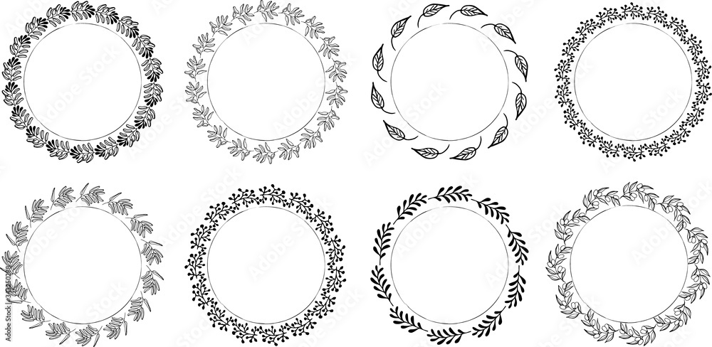 Hand drawn round frames and wreaths isolated on white background. Hand sketched design elements. Unique and ready to use. Hand drawn round frames and wreaths isolated on white background. Hand sketched design elements. Unique and ready to use.