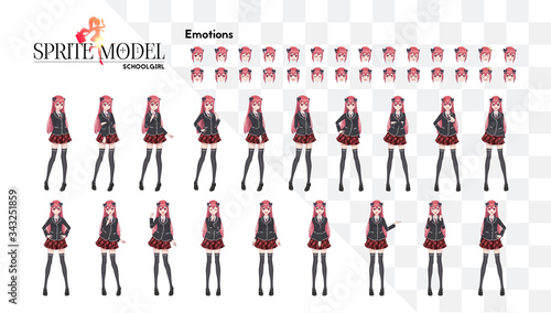 Set of emotions. Sprite full length character for game visual novel. Anime manga girl, Cartoon character in Japanese style. In a white shirt, a red skirt in a cage, a tie and black stockings-tights