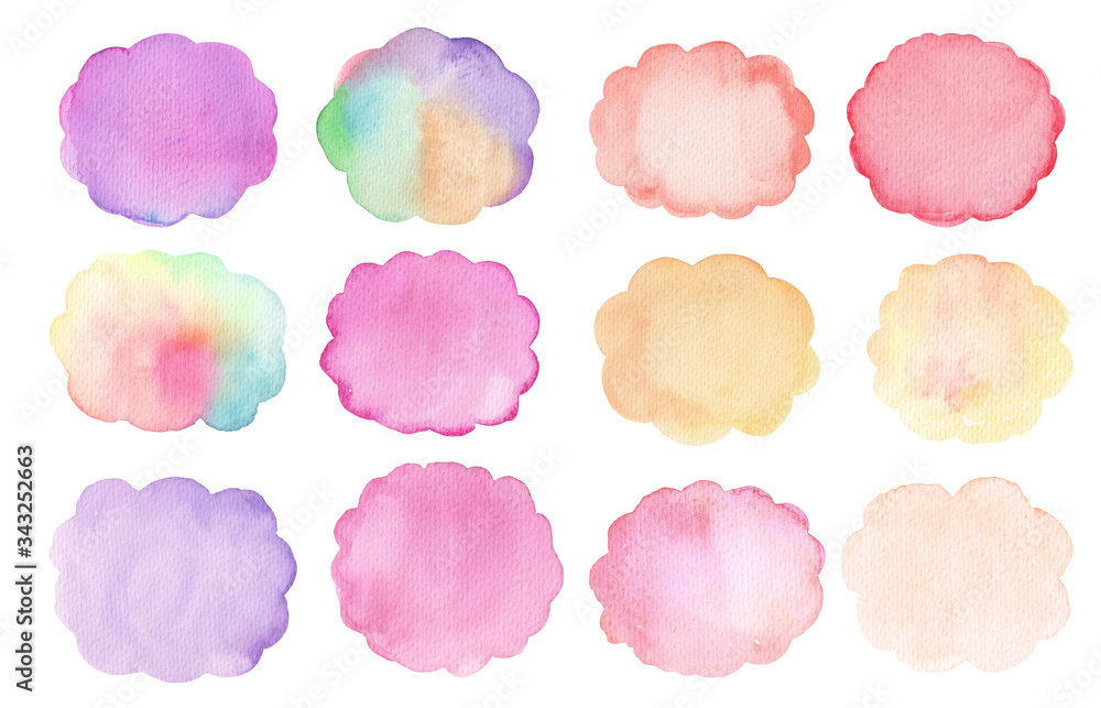 Watercolor set of colorful stains. Red, pink, yellow, orange, purple watercolor stains. Hand painted abstract texture backgrounds.  Design for backgrounds, wallpapers, covers and packaging.