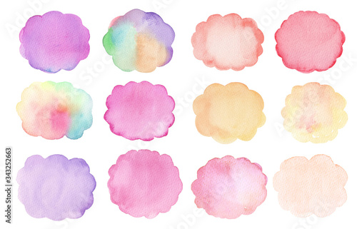 Watercolor set of colorful stains. Red, pink, yellow, orange, purple watercolor stains. Hand painted abstract texture backgrounds. Design for backgrounds, wallpapers, covers and packaging.