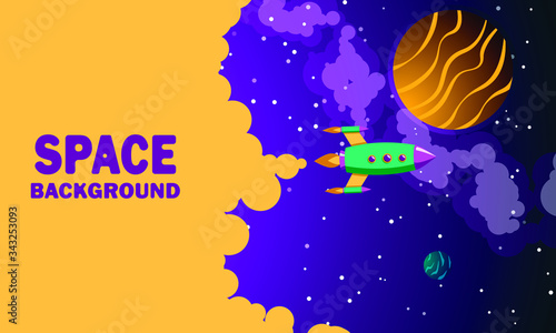 Horizontal space banner with text. Planets, stars, a rocket, and the milky way. Vector illustration in flat style.