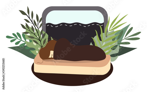Woman sleeps in bed by the window of a house. The man hid under a blanket to bask. Good morning. The country introduced quarantine, COVID-19. Vector flat cartoon illustration.