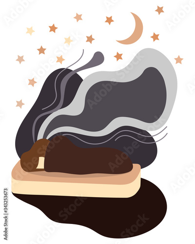 A woman sleeps in bed and she has dreams at night. The moon with stars shines through the window at night. Stay at home so as not to get infected COVID-19, 2019-nCoV. Vector flat cartoon illustration.