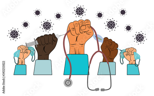 Doctors fight for people's lives of pandemic, pneumonia, COVID-19, 2019-nCoV. Vaccine against coronavirus was invented. Doctors raised their hands to save people. Vector flat cartoon illustration.