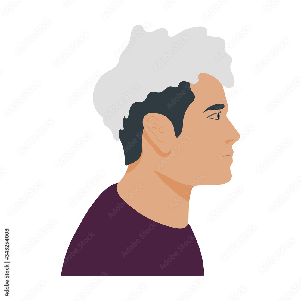 Stylish guy with a fashionable hairstyle in profile view from the side. Handsome man looks forward and thinks about the future. The present director of the IT company vector flat cartoon illustration.