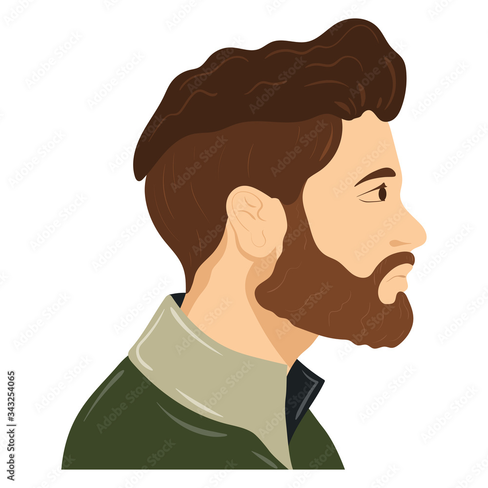 A man with brown curly hair and a large beard looks into the distance. The guy stands sideways and peers forward. European, Englishman, American, Canadian, Irish. Vector flat cartoon illustration. Stock Vector | A man with brown curly hair and a large beard looks into the distance. The guy stands sideways and peers forward. European, Englishman, American, Canadian, Irish. Vector flat cartoon illustration. Stock Vector |