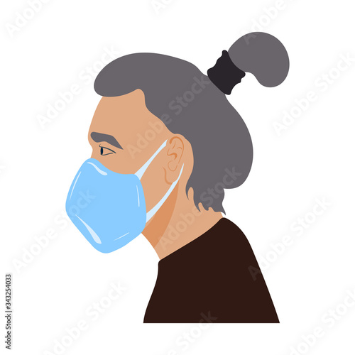 Fashionable guy in a medical mask view from the side in profile. The man observes hygiene and precautions during epidemic, pandemic, coronavirus, COVID-19. Vector flat cartoon illustration.