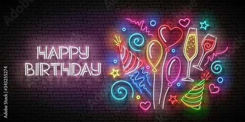 Glow Greeting Card with  Balloons, Champagne, Confetti and Happy Birthday Inscription