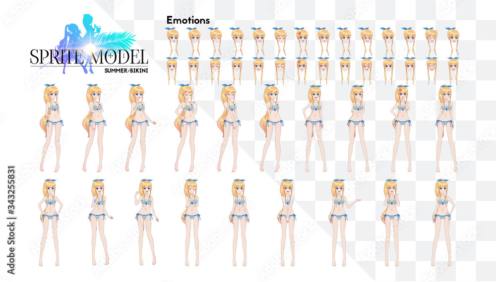 Sprite full length character for game visual novel. Anime manga girl, Cartoon character in Japanese style. In a summer bikini swimsuit. Set of emotions Sprite full length character for game visual novel. Anime manga girl, Cartoon character in Japanese style. In a summer bikini swimsuit. Set of emotions