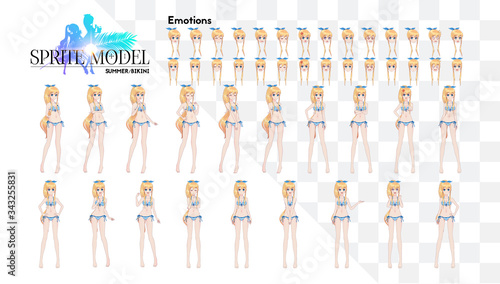 Sprite full length character for game visual novel. Anime manga girl  Cartoon character in Japanese style. In a summer bikini swimsuit. Set of emotions