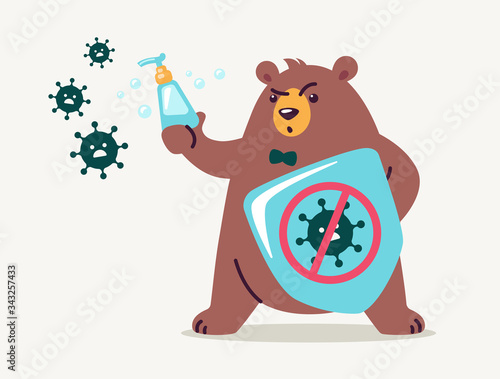 Virus infection prevention concept - washing hands and using hand sanitizers for kids. Cute bear cartoon holds shield and soap to fight and prevent virus. Medical health vector illustration flat style