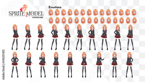 Set of emotions. Sprite full length character for game visual novel. Anime manga girl, Cartoon character in Japanese style. In a white shirt, a red skirt in a cage, a tie and black stockings-tights