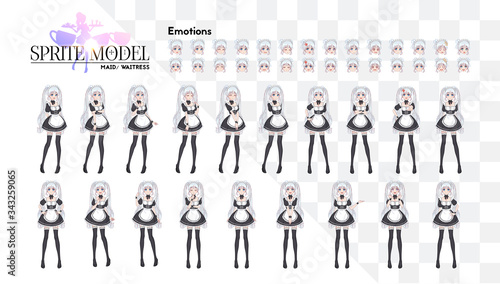 Sprite full length character for game visual novel. Anime manga girl, Cartoon character in Japanese style. Costume of maid cafe. Set of emotions
