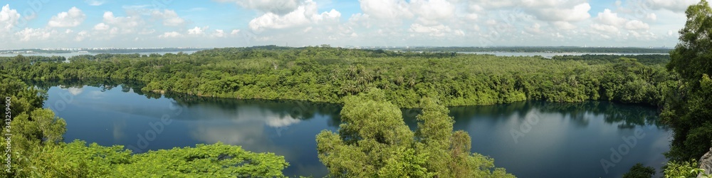 Panoramic View of Ubin Quarry and Forest from Bukit Puaka on Tropical Pulau Ubin Island, Singapore