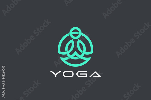 Yoga Logo abstract Man sitting Lotus pose vector design template Linear style. Circle shape outline icon.