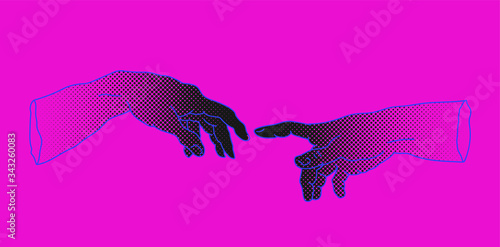 The Creation of Adam. Vector hand drawn illustration from a section of Michelangelo's fresco Sistine Chapel ceiling in neon pink vaporwave style. Fashion print for t-shirt or cover.