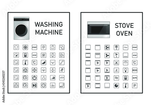 Oven and washing machine functions and settings icon set. Manual symbol collection. Vector graphic illustration