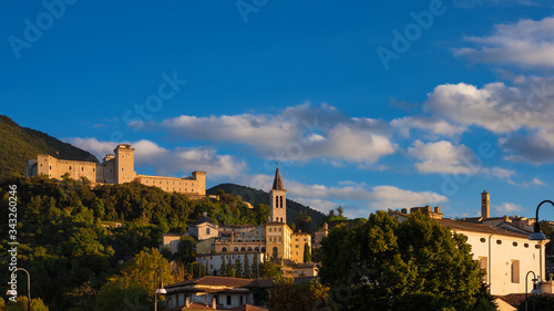 The ancient city of Spoleto in Umbria, with it most famous landmarks and sunset golden light