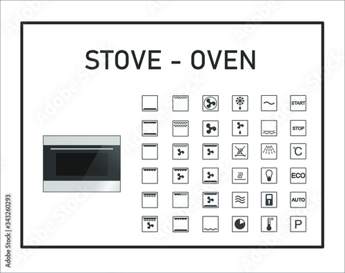 Oven manual icon set. Instructions symbols. Stove exploitation manual. Instructions and function description. Vector isolated graphic illustration. 