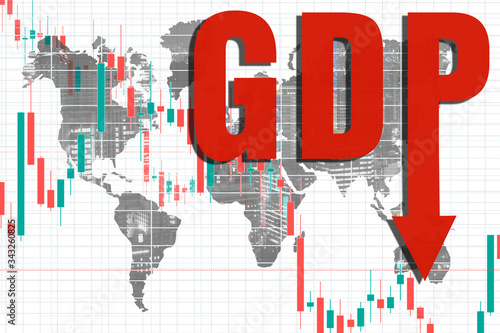 Stock charts  the GDP label with a down arrow  and a world map. Deterioration of economic indicators. Global economic crisis. Decrease in industrial production.