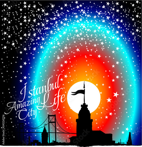 istanbul maiden tower night stars print and embroidery graphic design vector art