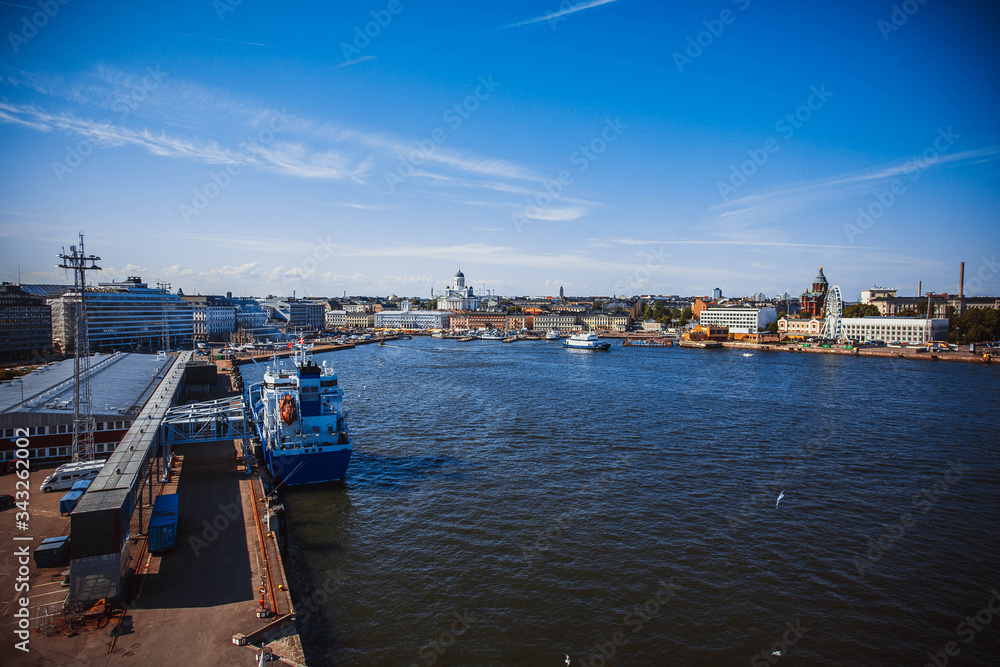   Aerial view of  ferry boat  leaving port in Helsinki, Finland