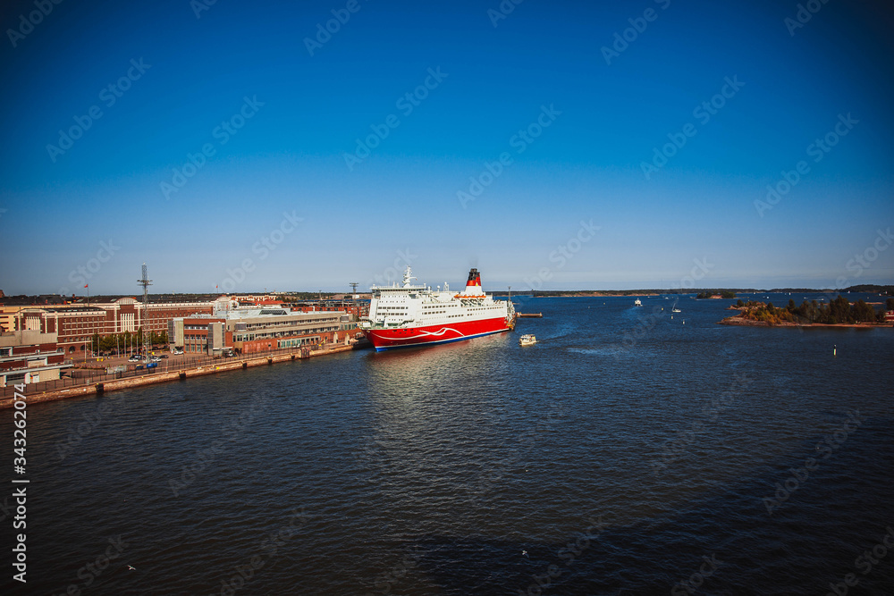 Aerial view of  ferry boat  leaving port in Helsinki, Finland