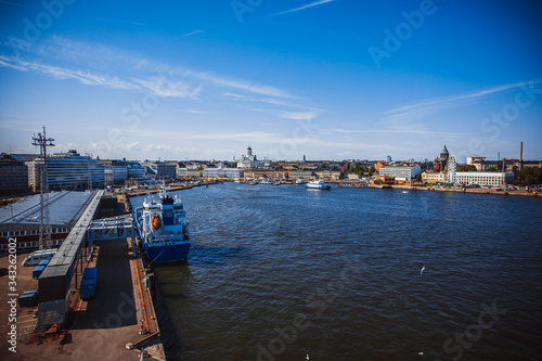  Aerial view of ferry boat leaving port in Helsinki, Finland