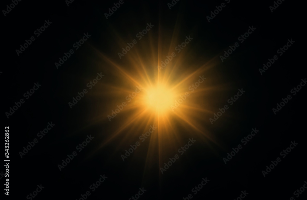 Abstract orange sparkling light rays and lighting flare bokeh against on dark black