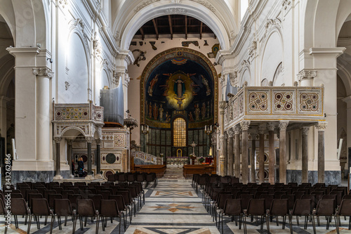 The interior of Salerno Cathedral (Duomo di Salerno) with two decorated pulpits, Campania, Italy