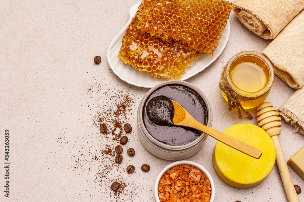 Fototapeta premium Spa concept. Self care with honey, coffee and turmeric. Natural organic cosmetics, homemade product, alternative lifestyle