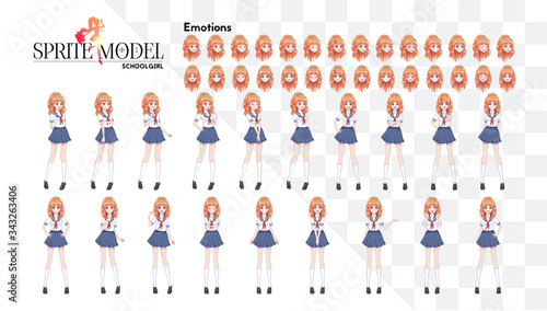 Set of emotions.Sprite full length character for game visual novel. Anime manga girl, Cartoon character in Japanese style.School girl in a sailor suit, blue skirt